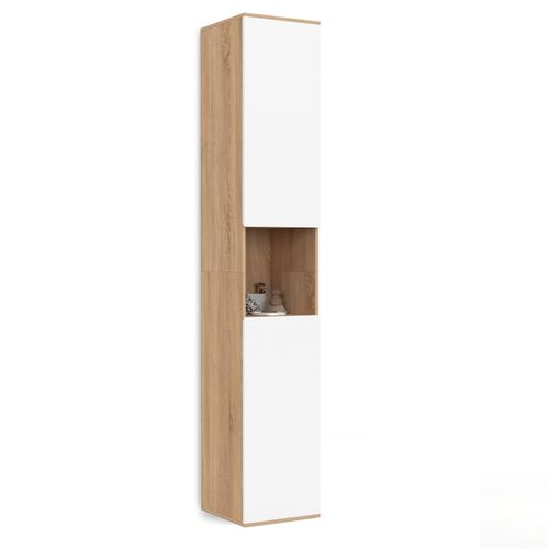 Meuble Colonne Salle De Bain Suspendu Tomi 2 Portes 1 Niche Façon Hêtre Et Blanc