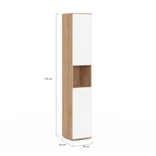 Meuble Colonne Salle De Bain Suspendu Tomi 2 Portes 1 Niche Façon Hêtre Et Blanc