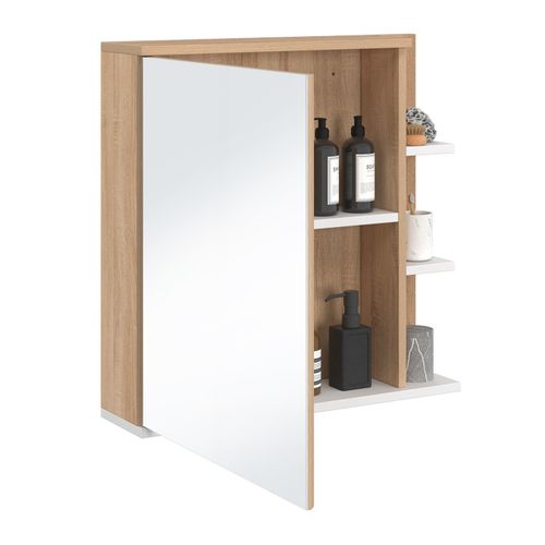 Meuble De Rangement Suspendu Avec Miroir Et Étagères Pour Salle De Bain Tomi Façon Hêtre Et Blanc