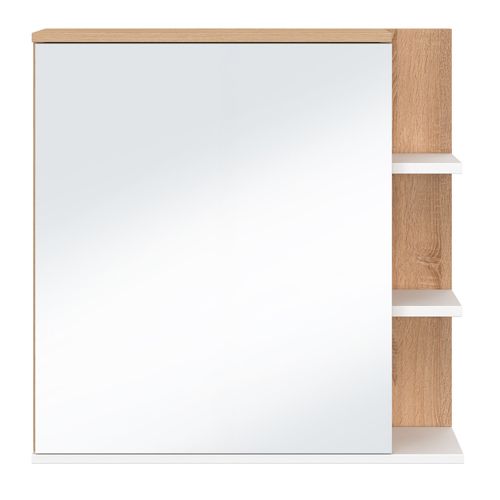 Meuble De Rangement Suspendu Avec Miroir Et Étagères Pour Salle De Bain Tomi Façon Hêtre Et Blanc