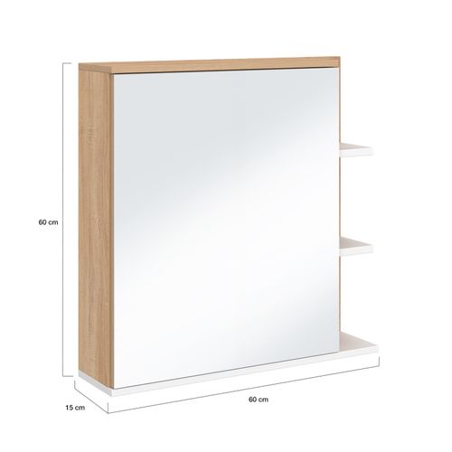 Meuble De Rangement Suspendu Avec Miroir Et Étagères Pour Salle De Bain Tomi Façon Hêtre Et Blanc