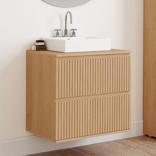 Meuble Sous Vasque Suspendu Salle De Bain Victor 2 Tiroirs Effet Lattes