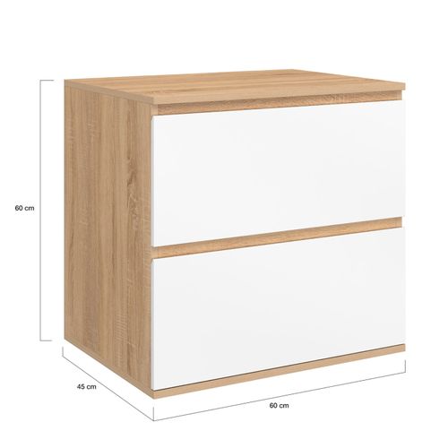 Meuble Sous Vasque Suspendu Salle De Bain Tomi 2 Tiroirs Façon Hêtre Et Blanc