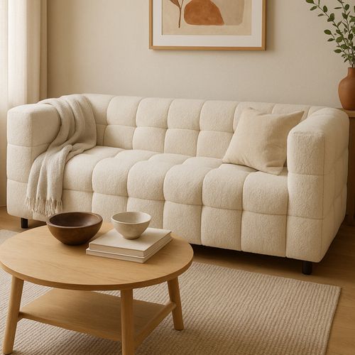 Canapé Droit 2 Places Capitonné Amance En Tissu Bouclette Beige