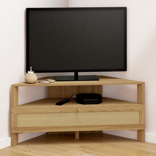 Meuble TV 100 Cm D'angle Hanae 1 Porte Effet Naturel Cannage