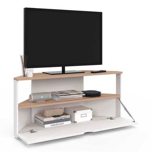 Meuble TV 100 Cm D'angle Eli Bois Façon Hêtre Et Blanc