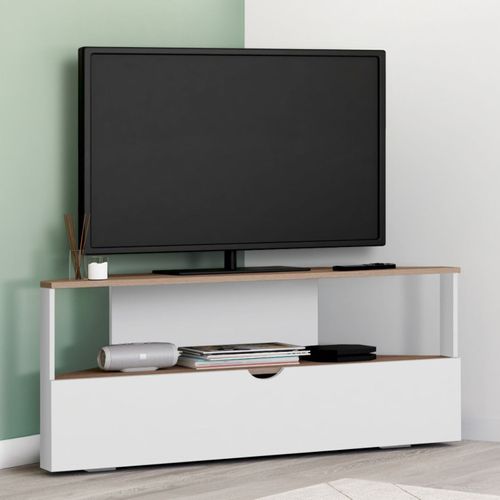 Meuble TV 100 Cm D'angle Eli Bois Façon Hêtre Et Blanc