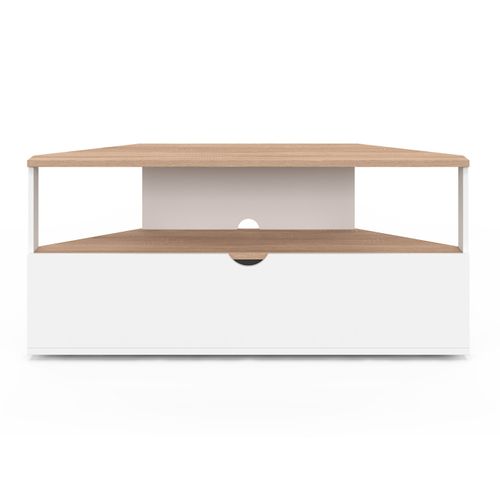 Meuble TV 100 Cm D'angle Eli Bois Façon Hêtre Et Blanc