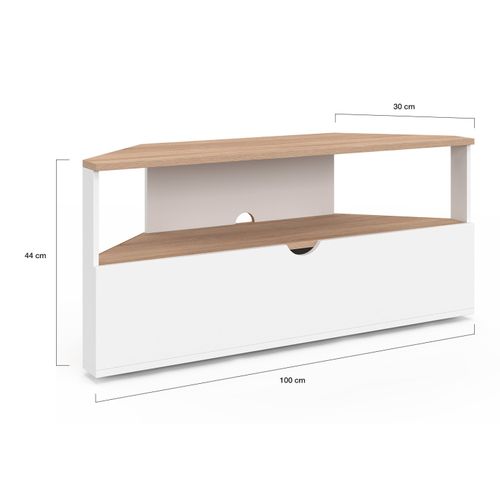Meuble TV 100 Cm D'angle Eli Bois Façon Hêtre Et Blanc