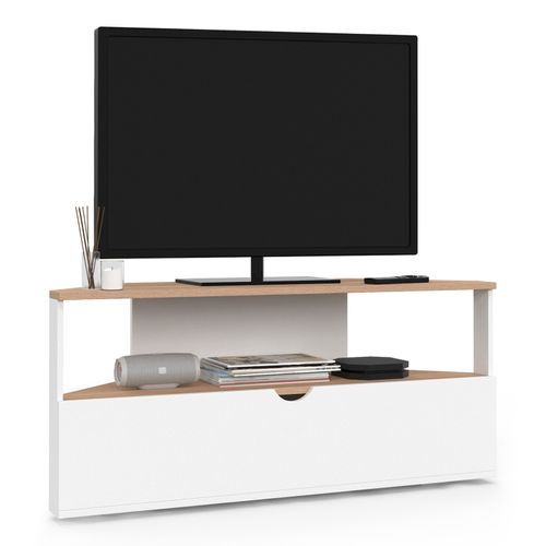Meuble TV 100 Cm D'angle Eli Bois Façon Hêtre Et Blanc