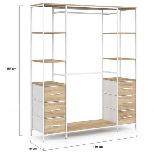 Dressing Double Penderie + Double Colonne L. 140 Cm Utah Avec 6 Étagères Et 6 Bacs En Tissu Bois Et