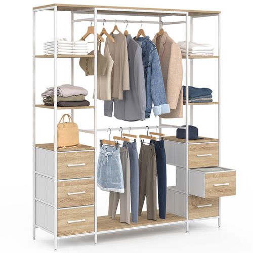 Dressing Double Penderie + Double Colonne L. 140 Cm Utah Avec 6 Étagères Et 6 Bacs En Tissu Bois Et