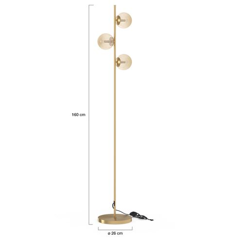 Lampadaire Sur Pied En Métal Doré Avec 3 Abat-jours Globe Verre