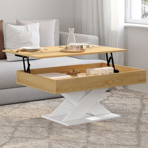 Table Basse Rectangulaire Plateau Relevable Alicia Bois Et Pied Blanc