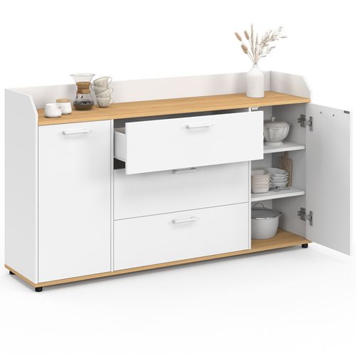 Buffet 140 Cm Jaba 4 Portes Avec Rebord Blanc Et Plateau Bois Façon Hêtre