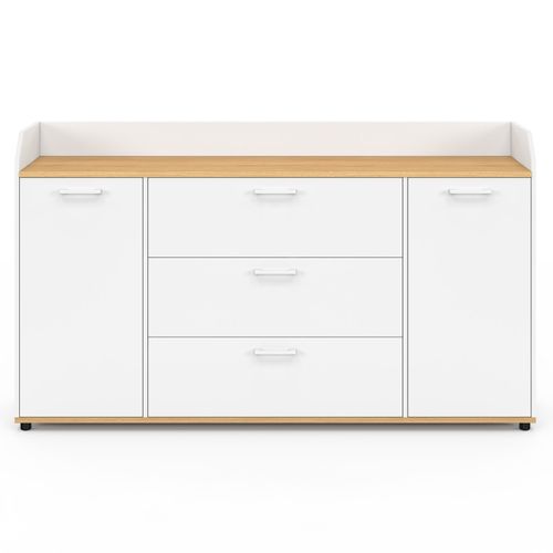 Buffet 140 Cm Jaba 4 Portes Avec Rebord Blanc Et Plateau Bois Façon Hêtre