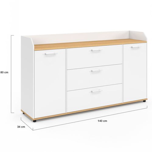 Buffet 140 Cm Jaba 4 Portes Avec Rebord Blanc Et Plateau Bois Façon Hêtre