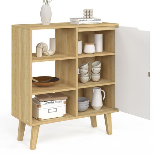 Buffet D'appoint 3 Étagères Et Placard 70 Cm Finn Blanc Et Bois Façon Hêtre