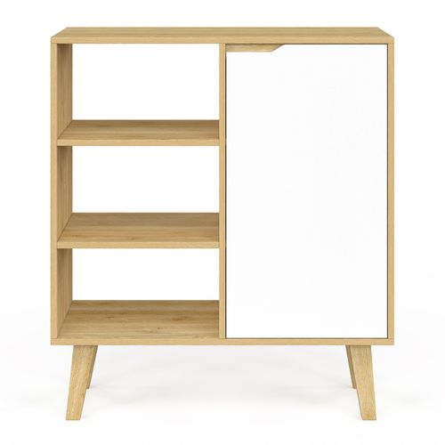 Buffet D'appoint 3 Étagères Et Placard 70 Cm Finn Blanc Et Bois Façon Hêtre