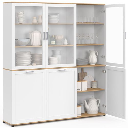Buffet Vaisselier 160 Cm Vito Meuble De Cuisine 6 Portes Blanc Et Bois