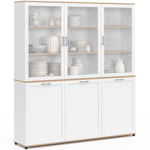 Buffet Vaisselier 160 Cm Vito Meuble De Cuisine 6 Portes Blanc Et Bois