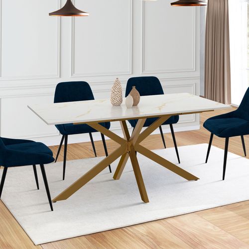 Table à Manger Extensible Rectangle Alix 6-10 Personnes Pied Araignée Laiton Plateau Effet Marbre Do