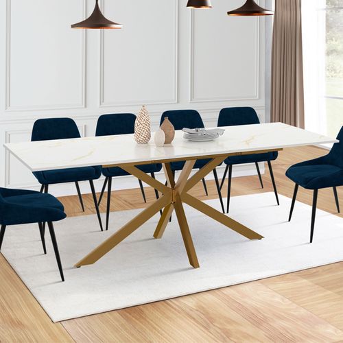 Table à Manger Extensible Rectangle Alix 6-10 Personnes Pied Araignée Laiton Plateau Effet Marbre Do