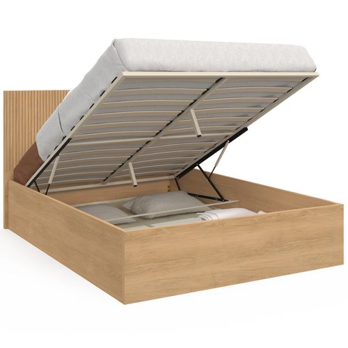 Lit Coffre Double Juliette Avec Tête De Lit Et Sommier 140 X 190 Cm Effet Lattes Et Bois