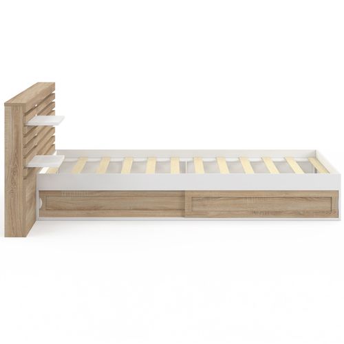 Lit Simple Savana Avec Tête De Lit, Chevets, Rangements Et Sommier 90 X 190 Cm Façon Hêtre Et Blanc