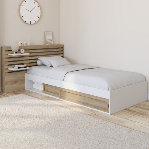 Lit Simple Savana Avec Tête De Lit, Chevets, Rangements Et Sommier 90 X 190 Cm Façon Hêtre Et Blanc