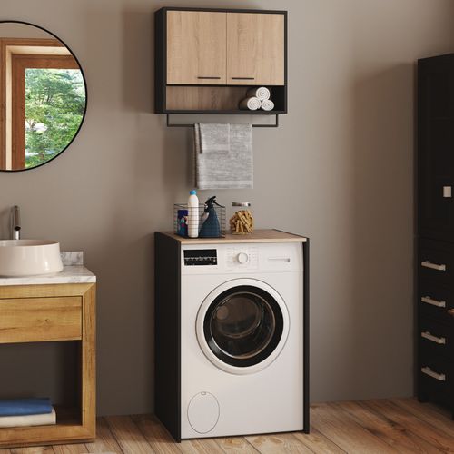 Ensemble Meubles De Buanderie Wallis Noir Et Bois Façon Hêtre Pour Machine à Laver