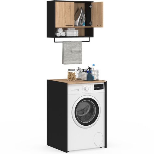Ensemble Meubles De Buanderie Wallis Noir Et Bois Façon Hêtre Pour Machine à Laver