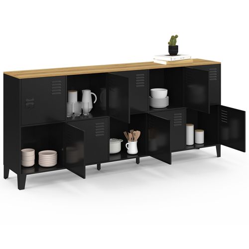 Buffet Casier 180cm Ester 10 Portes En Métal Noir Plateau Bois Design Industriel