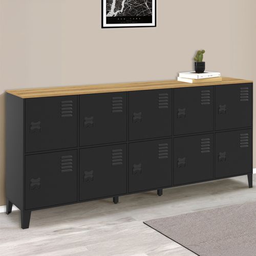 Buffet Casier 180cm Ester 10 Portes En Métal Noir Plateau Bois Design Industriel