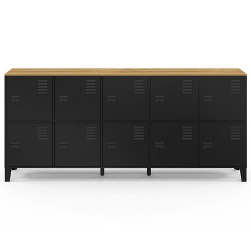 Buffet Casier 180cm Ester 10 Portes En Métal Noir Plateau Bois Design Industriel