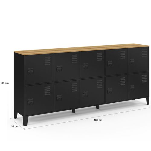 Buffet Casier 180cm Ester 10 Portes En Métal Noir Plateau Bois Design Industriel
