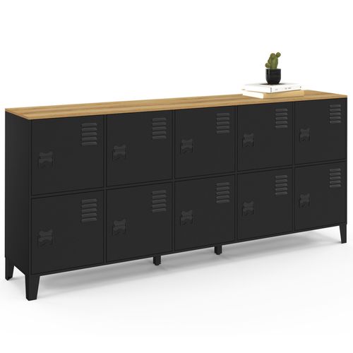 Buffet Casier 180cm Ester 10 Portes En Métal Noir Plateau Bois Design Industriel