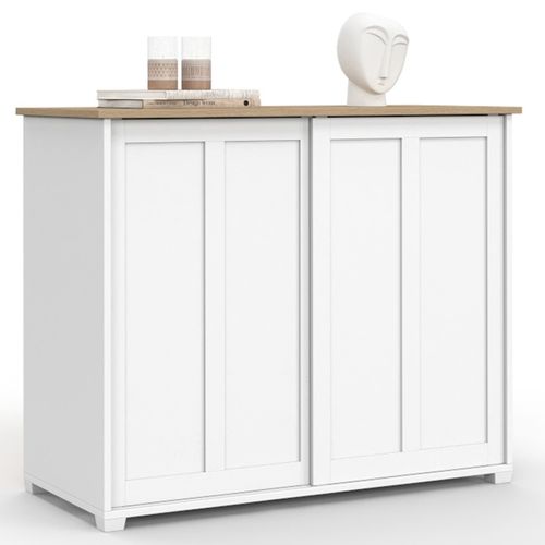 Buffet 100 Cm Jango 2 Portes Coulissantes Blanc Et Plateau Bois