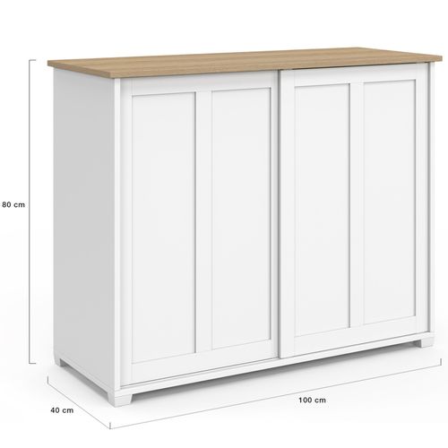 Buffet 100 Cm Jango 2 Portes Coulissantes Blanc Et Plateau Bois
