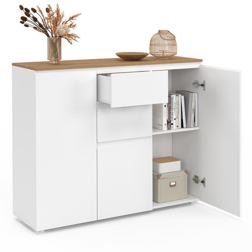 Buffet 100 Cm Toby 3 Portes 2 Tiroirs Blanc Et Plateau Bois