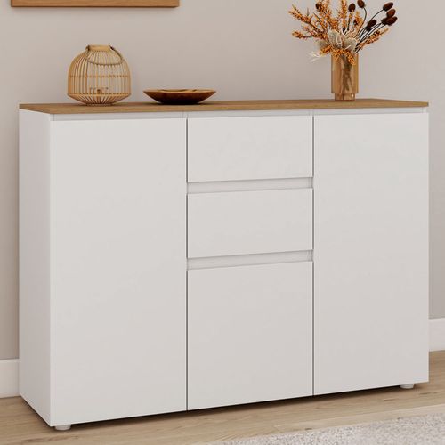 Buffet 100 Cm Toby 3 Portes 2 Tiroirs Blanc Et Plateau Bois