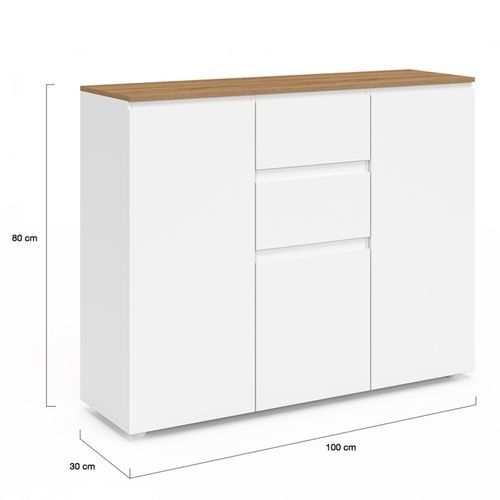 Buffet 100 Cm Toby 3 Portes 2 Tiroirs Blanc Et Plateau Bois
