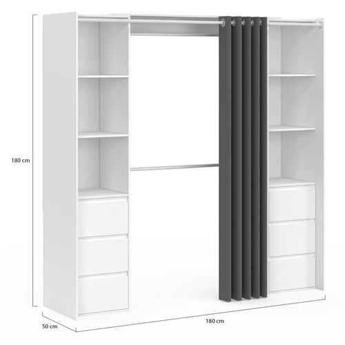 Dressing Extensible Double Meryl 120/180 Cm Blanc Avec 6 Tiroirs + Étagères + Double Penderie + Ride