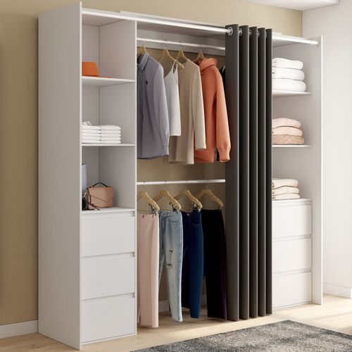 Dressing Extensible Double Meryl 120/180 Cm Blanc Avec 6 Tiroirs + Étagères + Double Penderie + Ride