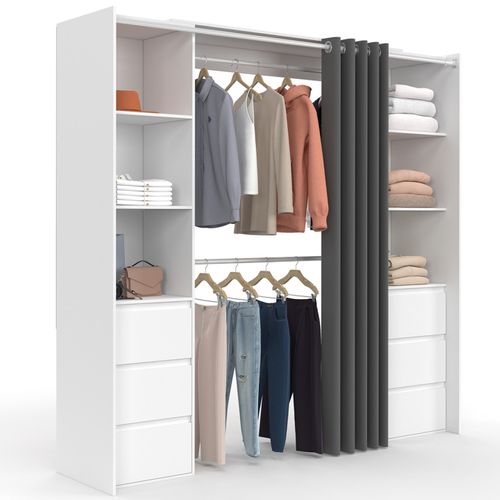 Dressing Extensible Double Meryl 120/180 Cm Blanc Avec 6 Tiroirs + Étagères + Double Penderie + Ride