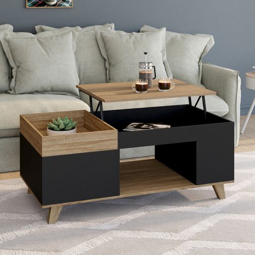 Table Basse Rectangulaire Plateau Relevable Et Plateau Amovible Avec Coffre Lola Bois Et Noir