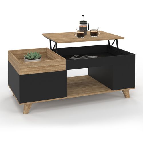 Table Basse Rectangulaire Plateau Relevable Et Plateau Amovible Avec Coffre Lola Bois Et Noir