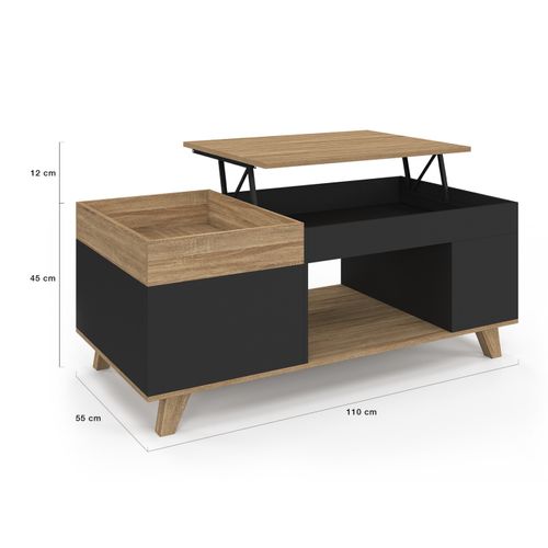 Table Basse Rectangulaire Plateau Relevable Et Plateau Amovible Avec Coffre Lola Bois Et Noir