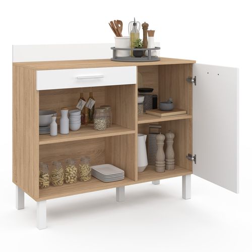 Buffet Bas De Cuisine 100 Cm Cina Plan De Travail H.83 Cm 1 Porte + 1 Tiroir Façon Hêtre Et Blanc