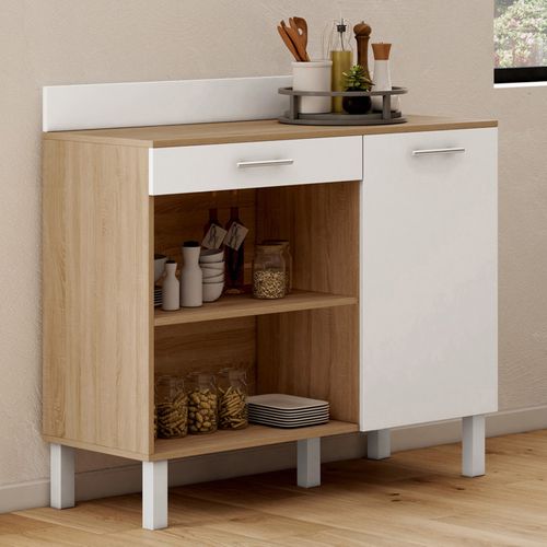 Buffet Bas De Cuisine 100 Cm Cina Plan De Travail H.83 Cm 1 Porte + 1 Tiroir Façon Hêtre Et Blanc